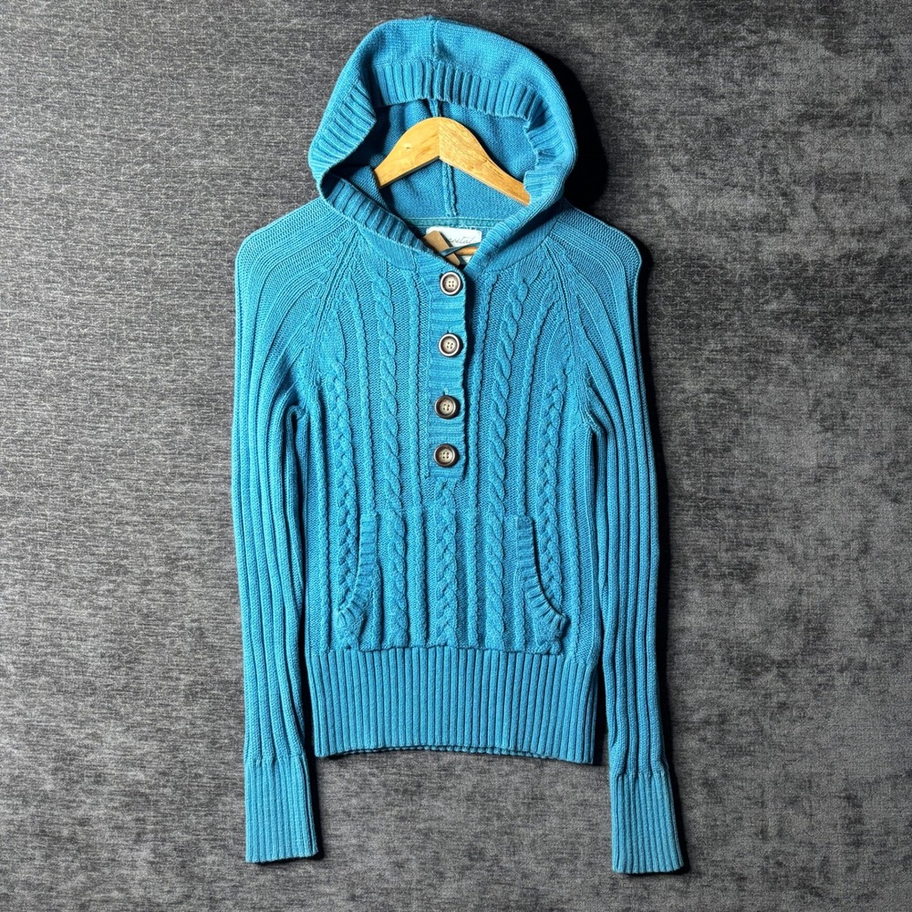 Vintage Y2K Aeropostale Womens Slim Fit Blue Cable Knit Henley Hoodie Size L